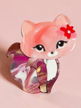 Kawaii Style Cat Brooch Large Pink Acrylic Marbled Tail Cute 3"